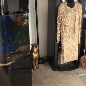 2pc sequin ensemble gold knit. Long sleeve jacket and sleeveless knit dress Med